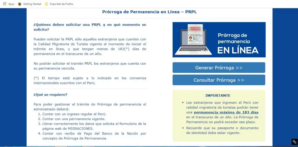Peru Visa renew Migraciones website