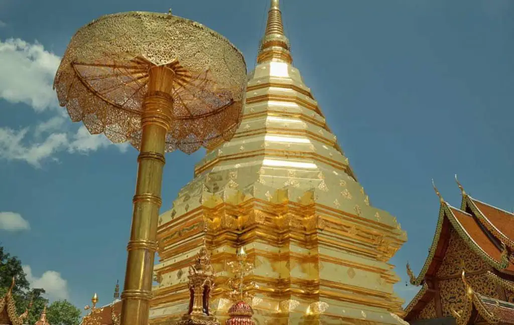 View of the chedi stupa at Wat Phra That Doi Suthep in Chiang Mai
